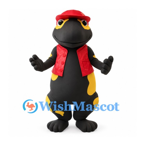Salamander Mascot Costume in Black and Yellow with Red Vest