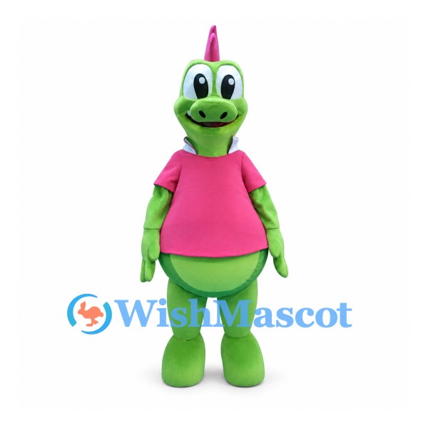 Dragon Mascot Costume in Green with Pink Shirt and Horn