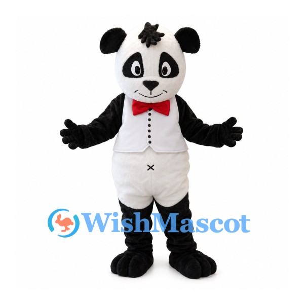 Panda Mascot Costume with White Vest and Red Bow Tie