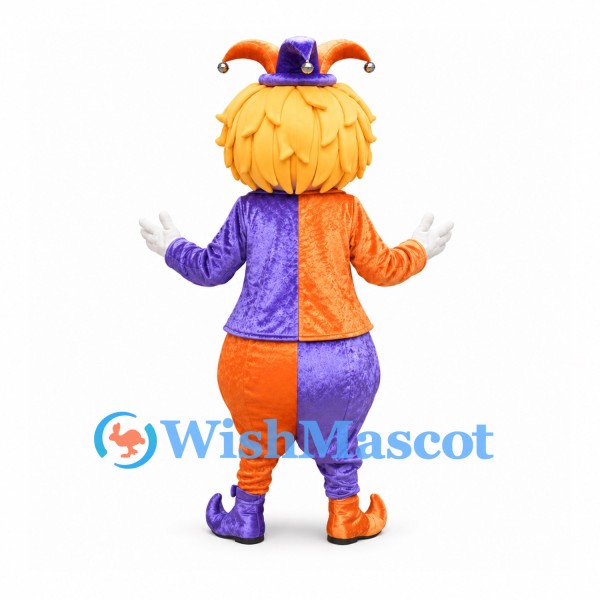 Jester Mascot Costume with Purple and Orange Suit and Bell Hat