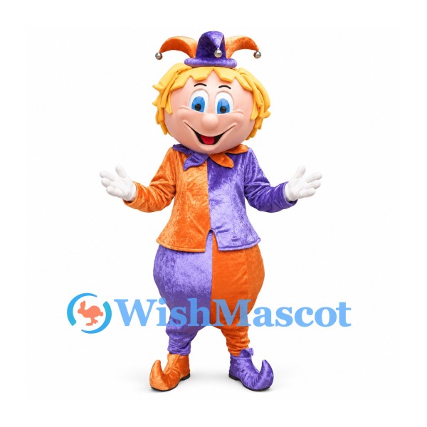 Jester Mascot Costume with Purple and Orange Suit and Bell Hat
