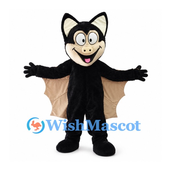 Bat Mascot Costume in Black with Tan Wings and Large Ears