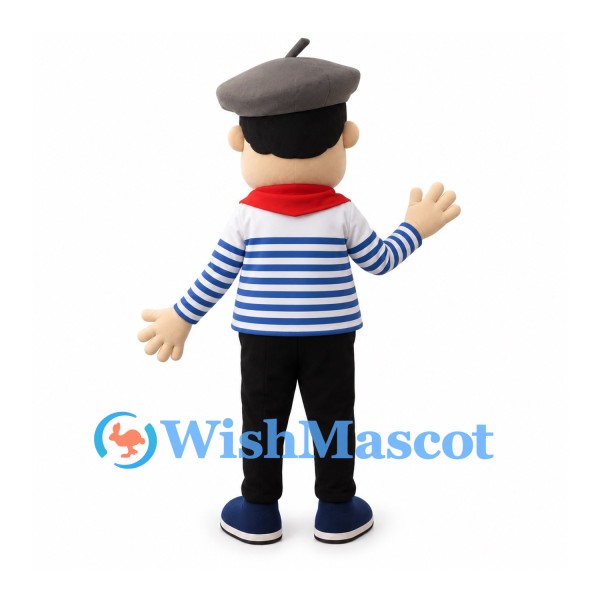 Man Mascot Costume with Striped Sailor Shirt and Black Beret