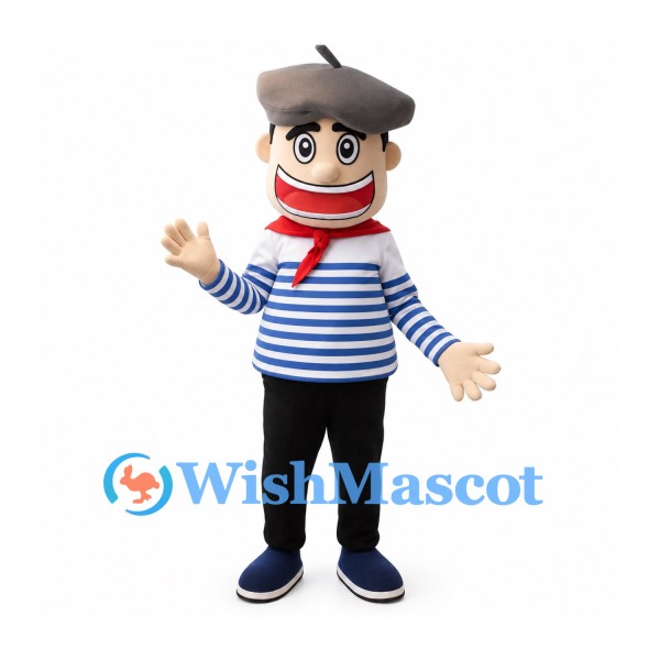 Man Mascot Costume with Striped Sailor Shirt and Black Beret