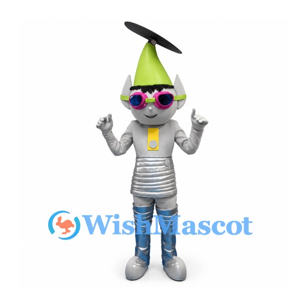 Alien Mascot Costume in Silver with Green Cone Head and Sunglasses