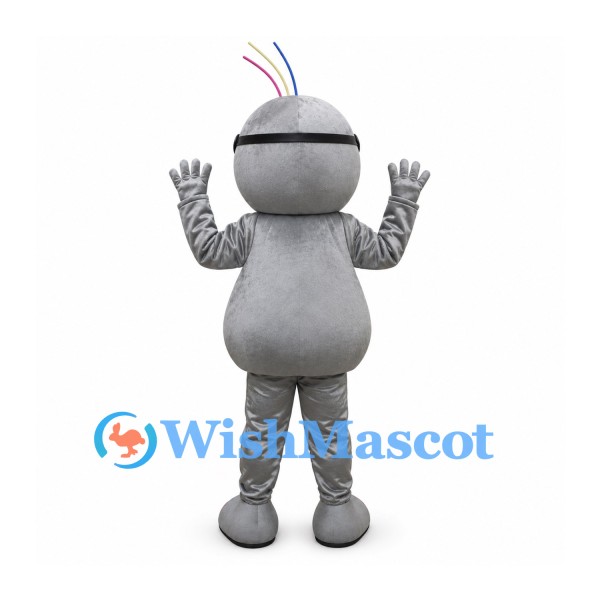 Alien Mascot Costume in Gray with Pink Nose and Rainbow Antennae