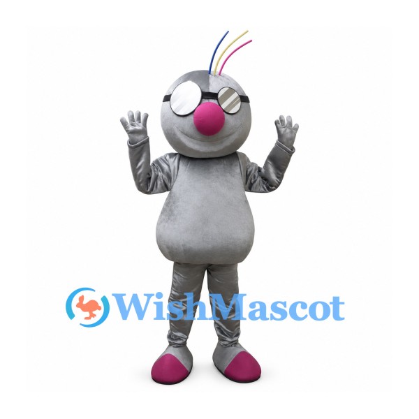 Alien Mascot Costume in Gray with Pink Nose and Rainbow Antennae