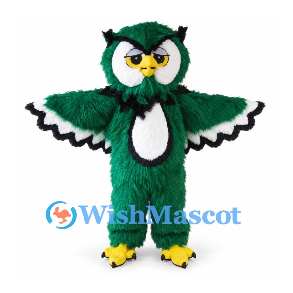 Owl Mascot Costume in Green with White Belly and Wide Wings