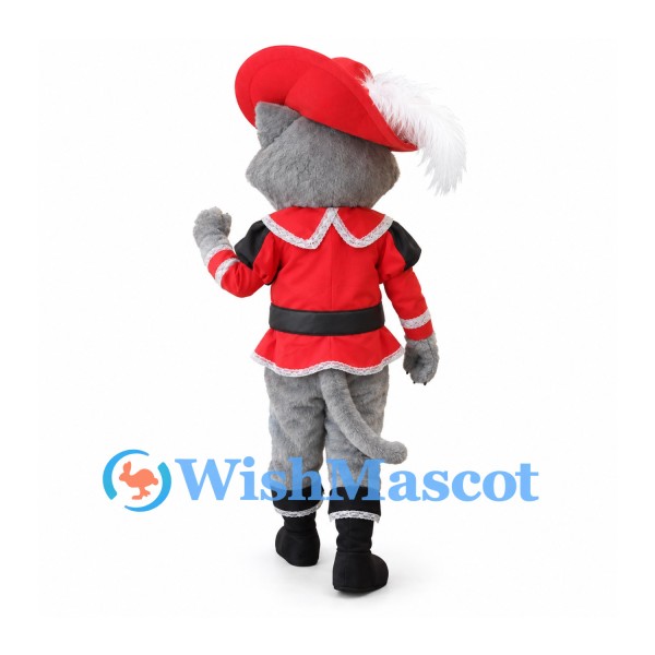 Cat Mascot Costume in Gray with Red Musketeer Outfit