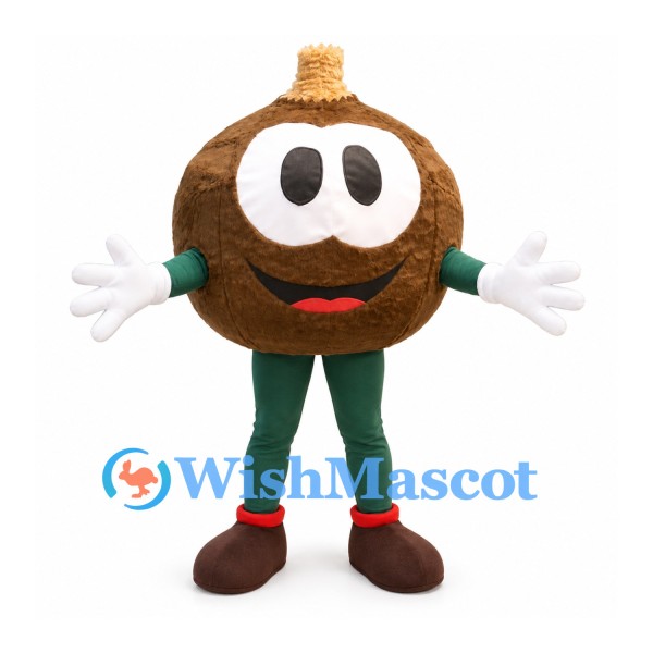 Coconut Mascot Costume with Brown Round Body and Green Legs
