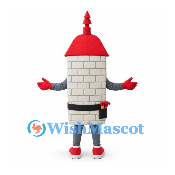 Clock Tower Mascot Costume with Gray Brick Body and Red Roof