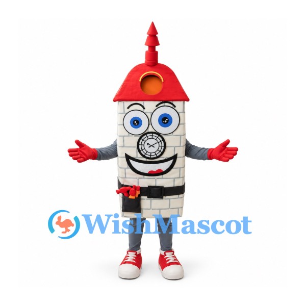 Clock Tower Mascot Costume with Gray Brick Body and Red Roof