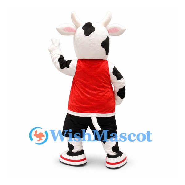 Cow Mascot Costume with Red Sports Shirt and Black Shorts