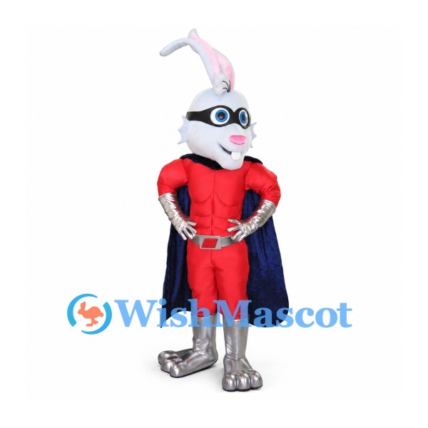 Rabbit Mascot Costume with Red Superhero Suit and Blue Cape