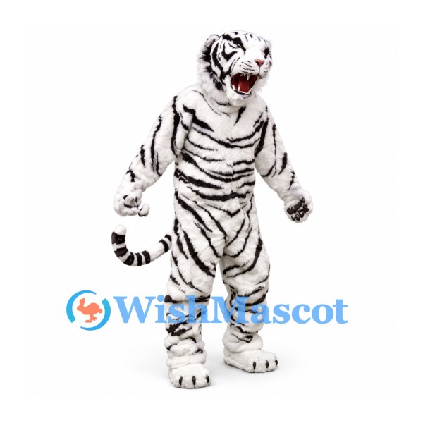 Tiger Mascot Costume in White with Black Stripes and Muscular Body