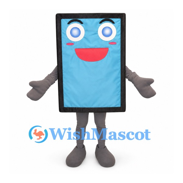 Tablet Mascot Costume with Black Frame and Blue Smiling Screen