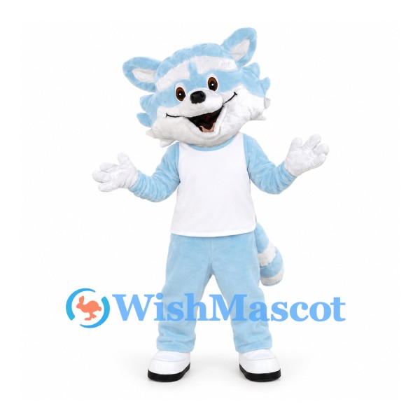 Raccoon Mascot Costume in Pale Blue with White Shirt