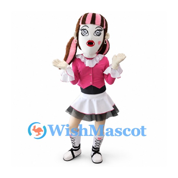 Vampire Girl Mascot Costume with Pink Jacket and Black White Skirt