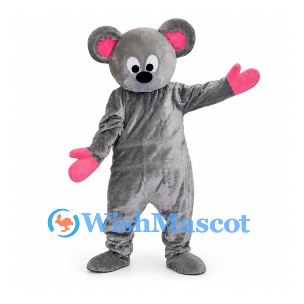 Mouse Mascot Costume in Gray with Pink Tail and Gloves