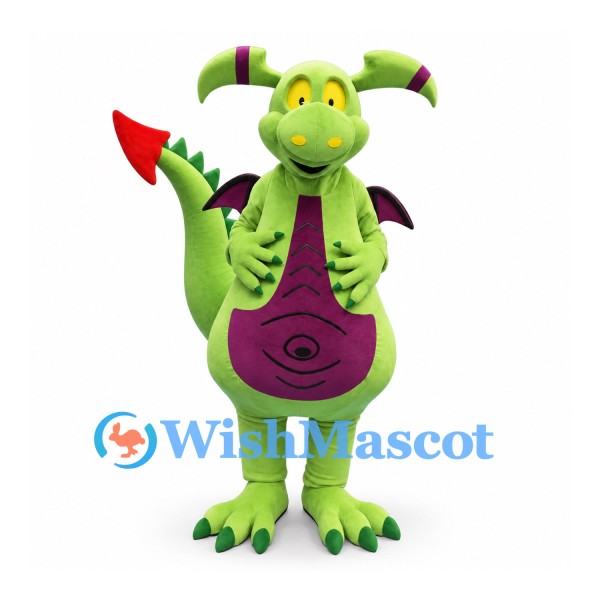 Dragon Mascot Costume in Lime Green with Purple Belly and Horns