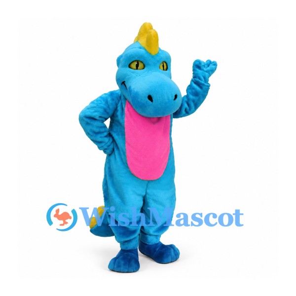 Dinosaur Mascot Costume in Blue with Pink Belly and Yellow Spikes