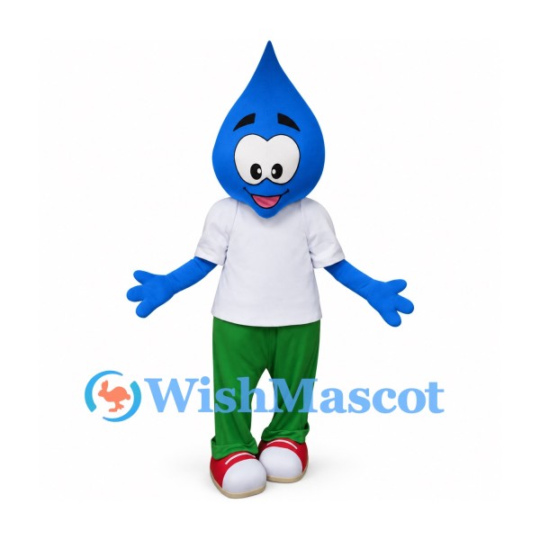 Water Drop Mascot Costume with White Shirt and Green Pants