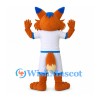 Fox Mascot Costume with White Sports Uniform and Blue Trim