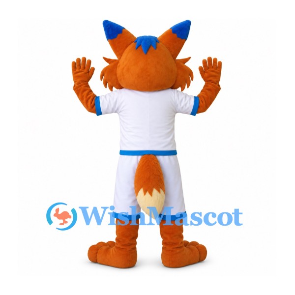 Fox Mascot Costume with White Sports Uniform and Blue Trim