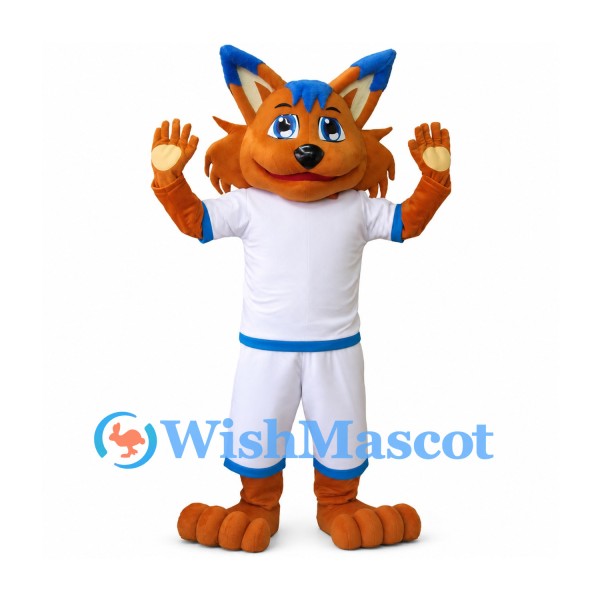Fox Mascot Costume with White Sports Uniform and Blue Trim
