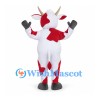 Cow Mascot Costume in White with Red Patches and Small Horns
