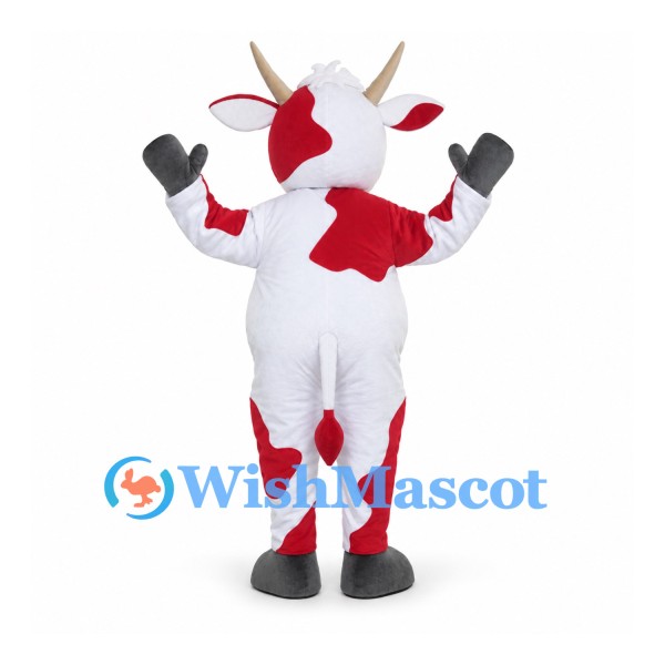 Cow Mascot Costume in White with Red Patches and Small Horns