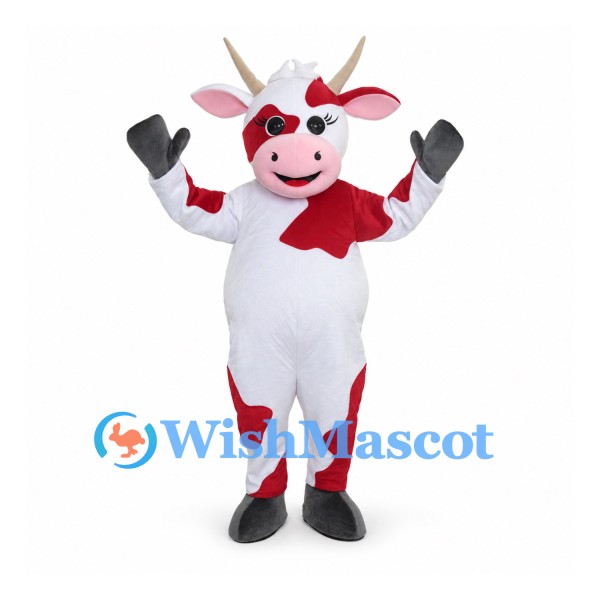 Cow Mascot Costume in White with Red Patches and Small Horns