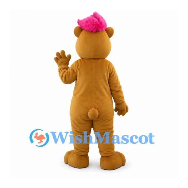 Bear Mascot Costume in Tan with Cream Belly and Pink Cap