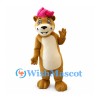 Bear Mascot Costume in Tan with Cream Belly and Pink Cap