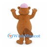 Bear Mascot Costume in Tan with Pale Belly and Pink Hat