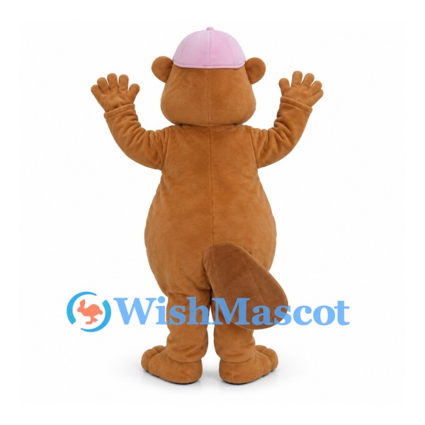 Bear Mascot Costume in Tan with Pale Belly and Pink Hat