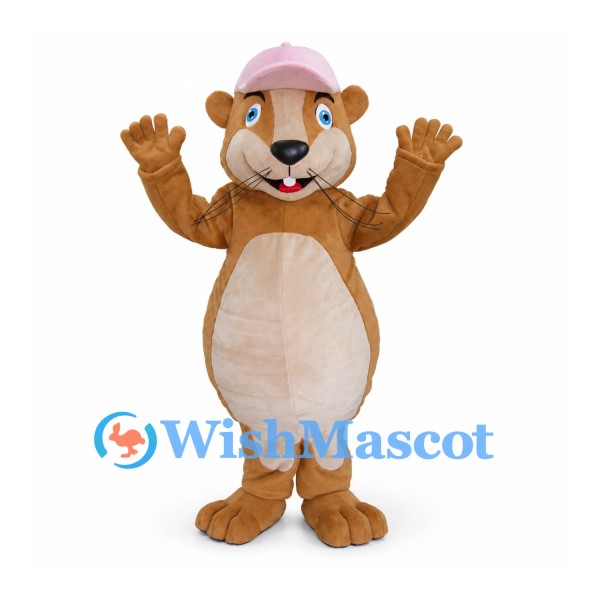Bear Mascot Costume in Tan with Pale Belly and Pink Hat