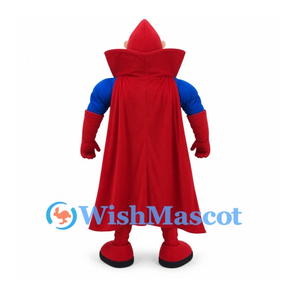 Superhero Mascot Costume with Red Hood and Cape and Blue Shirt