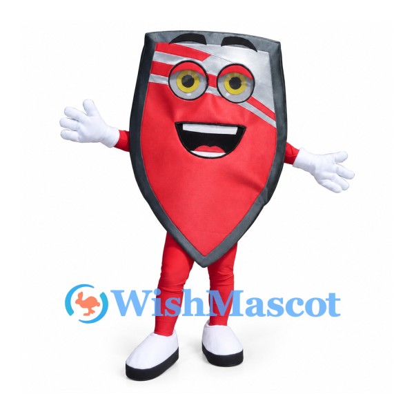 Shield Mascot Costume in Red with Black Border and Smiling Face