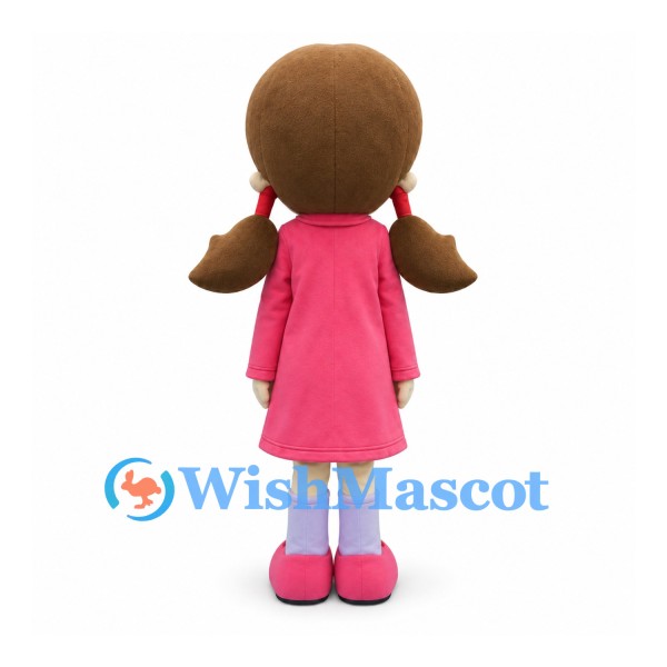Girl Mascot Costume with Brown Pigtails and Pink Coat