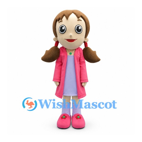 Girl Mascot Costume with Brown Pigtails and Pink Coat