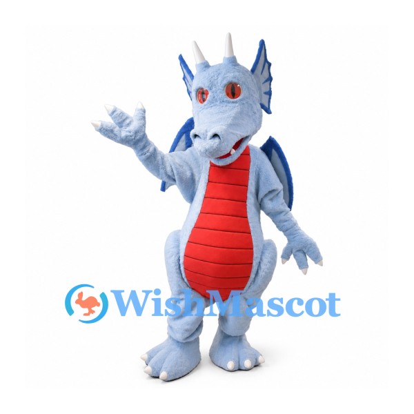 Dragon Mascot Costume in Light Blue with Red Belly and Wings
