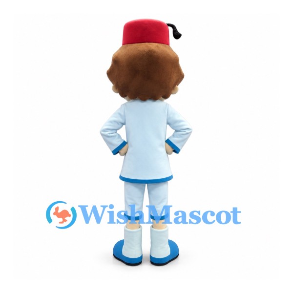 Boy Mascot Costume with Red Fez and Pale Blue Uniform