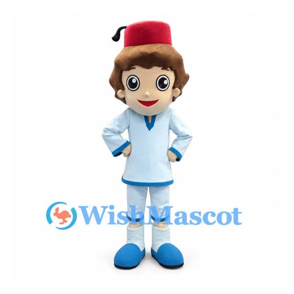 Boy Mascot Costume with Red Fez and Pale Blue Uniform