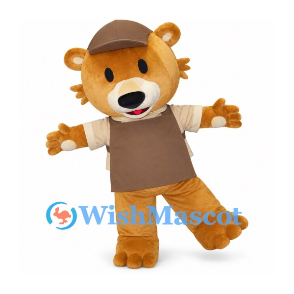 Bear Mascot Costume with Brown Adventure Hat and Vest