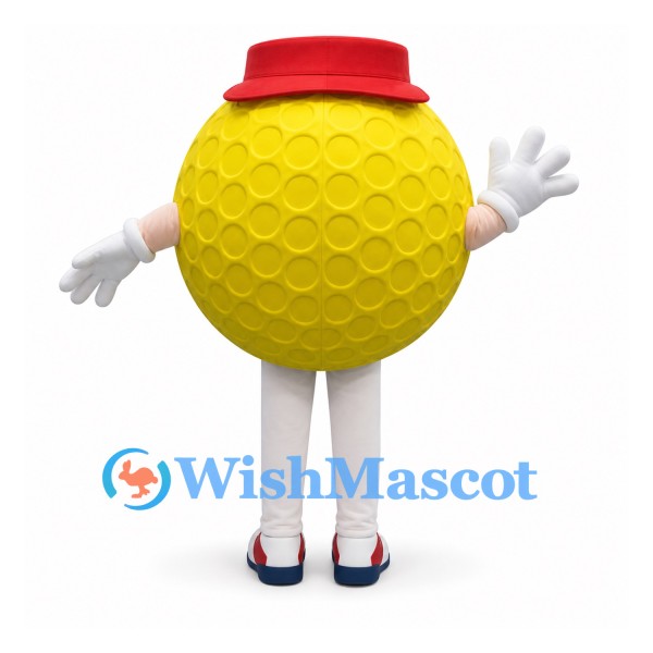 Golf Ball Mascot Costume in Yellow with Red Hat and White Legs