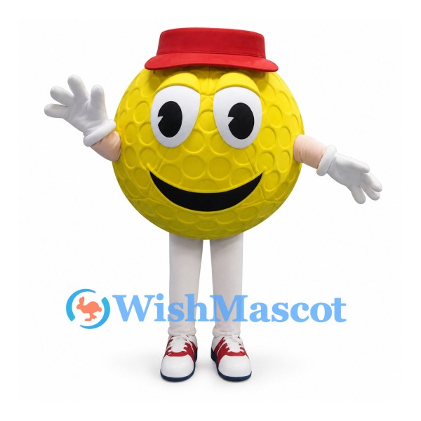 Golf Ball Mascot Costume in Yellow with Red Hat and White Legs