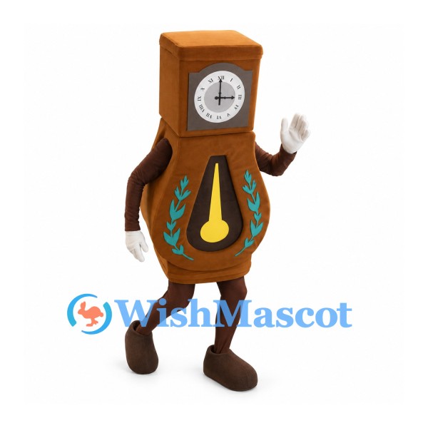 Grandfather Clock Mascot Costume with Brown Case and Gold Pendulum