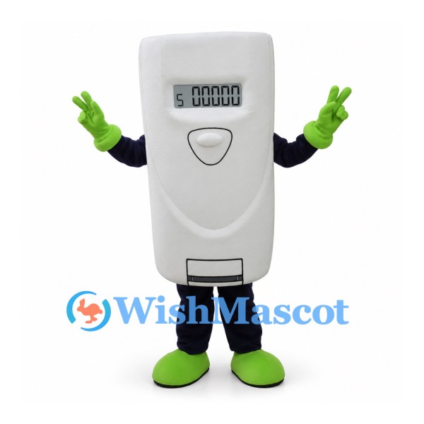 Digital Meter Mascot Costume in Gray with Green Gloves and Shoes