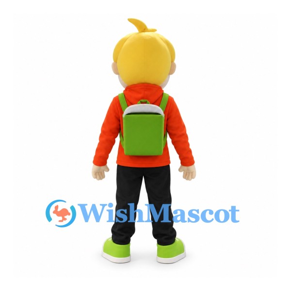 Boy Mascot Costume with Orange Hoodie and Green Backpack